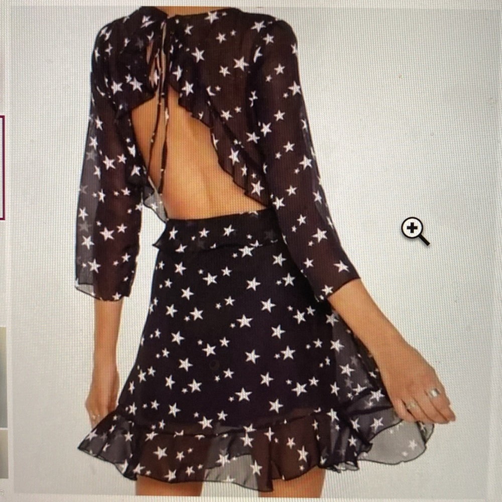Nasty Gal Open Back Mini B&W Walk Of Fame Star Dress, sheer sleeve, ruffled NEW - Picture 3 of 14